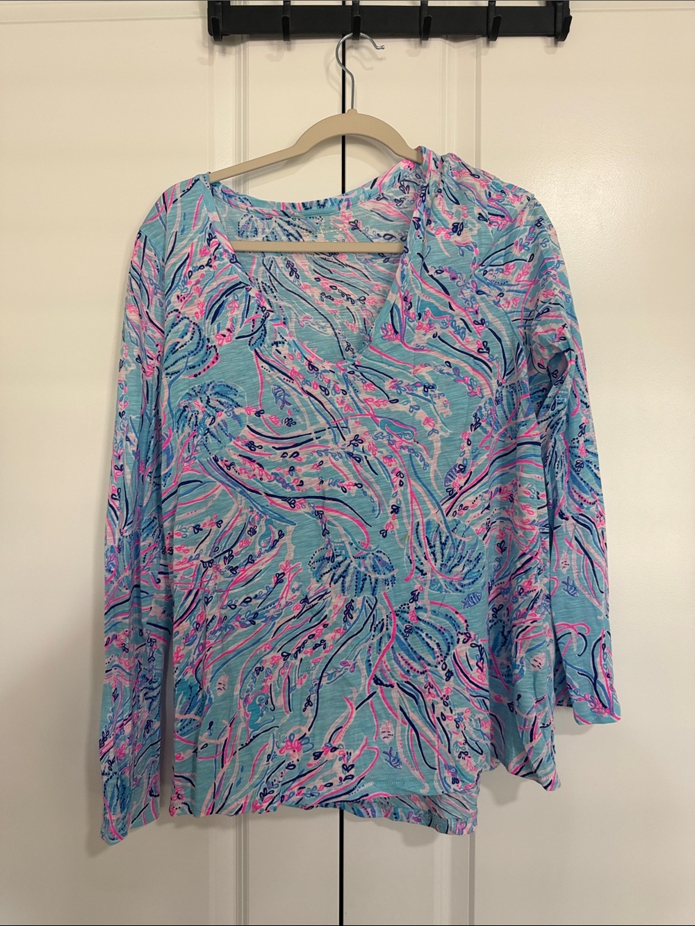 Lilly Pulitzer Blue Pink Floral-Print Long Sleeve Tee